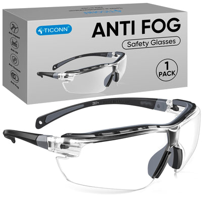 TICONN Anti-Fog Safety Glasses for Men and Women, ANSI Z87.1 Scratch Proof Eye Goggles with Adjustable Arms and UV Protection (Clear, 1PK)
