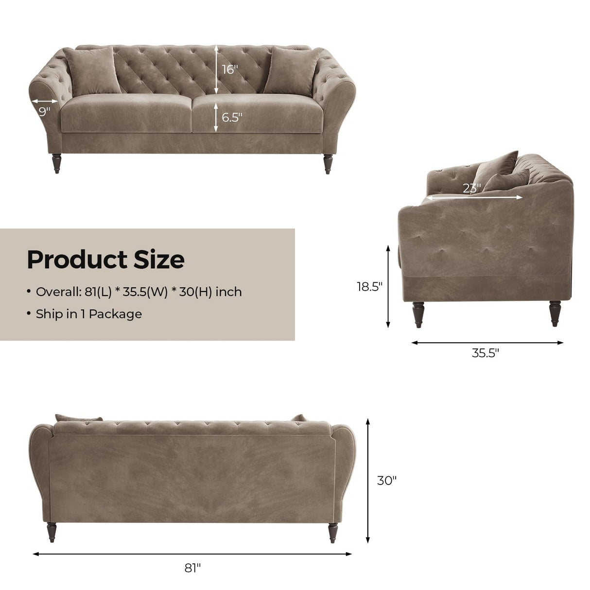 COPIAE 82 Inch Chesterfield loveseat Sofa,Tuxedo Arms Modern Couch Sturdy and Easy Installation, Small Sofa for Living Room Bedroom Office and Apartment,Velvet Fabric Brown COPIAE