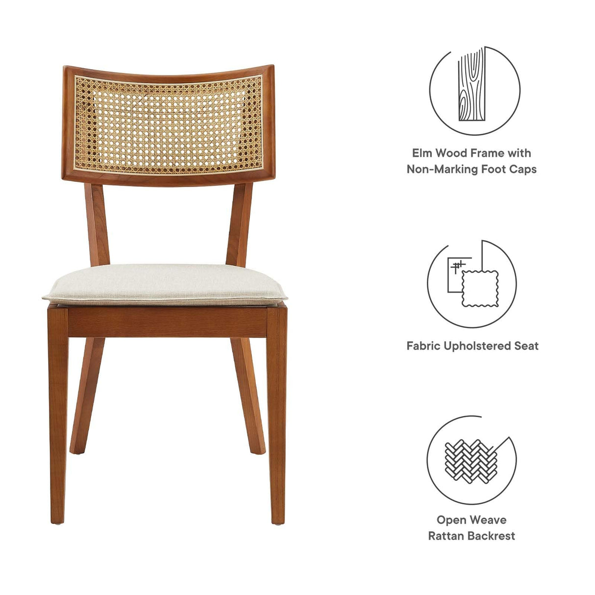 Modway Caledonia Elm Wood Rattan Set of 2 in Walnut Beige | Retro Kitchen, Living Accent Chair for Dining Room Modway
