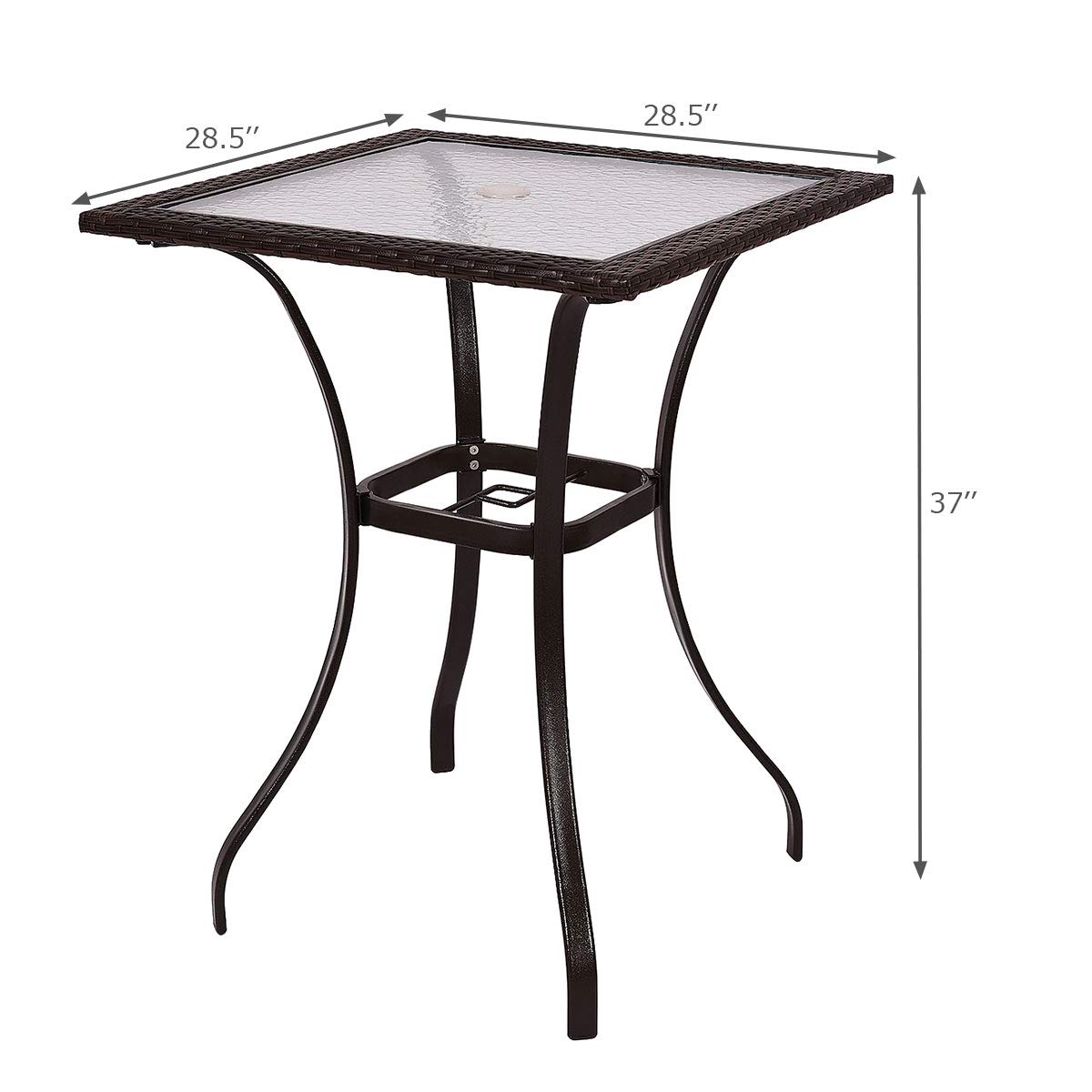 Tangkula Patio Bar Table with Umbrella Hole, All Weather 37 Inches Height Heavy Duty Outdoor Square Glass Top Table, for Garden Balcony Poolside and Lawn, Mix Brown Tangkula