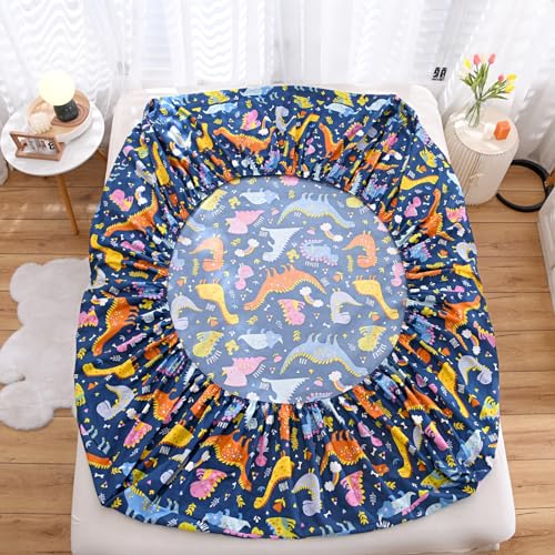 NATURETY Bedding Fitted Sheet with Deep Pocket for Boys Girls Twin Bed,Dino Printed Thicken Fabric Bed Sheets (Navy Blue(Dinosaur), Twin) NATURETY
