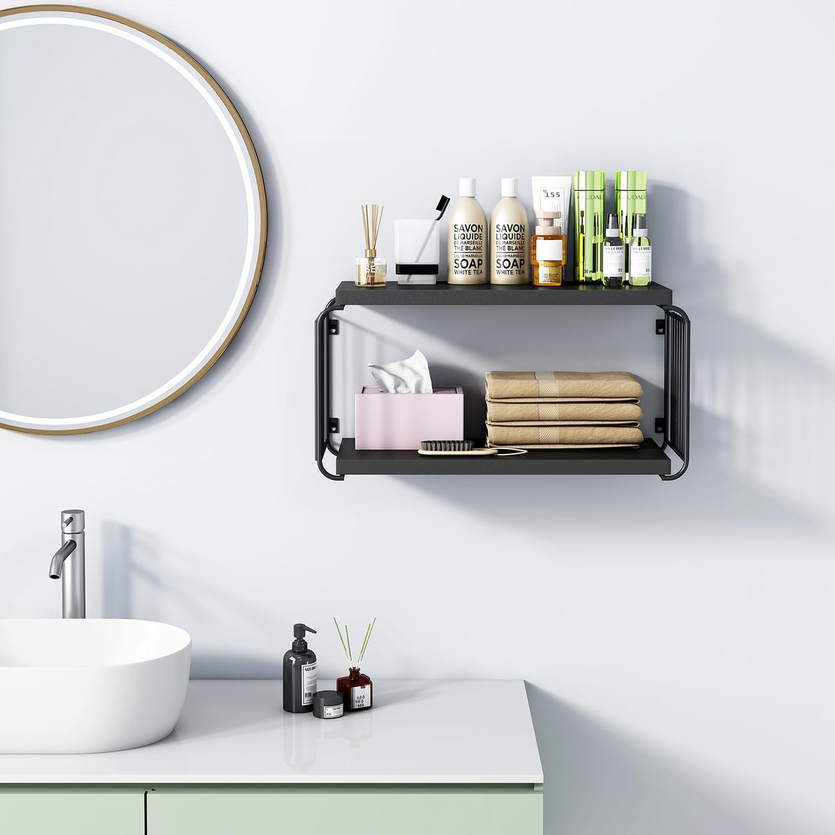 MXCSE Floating Nightstand Shelves, Modern Night Stand for Bedroom, Wood Floating Shelf for Wall, Nightstand Bedside Table, Mid Century Wall Shelves for Living Room, Bedroom (2, Black) MXCSE