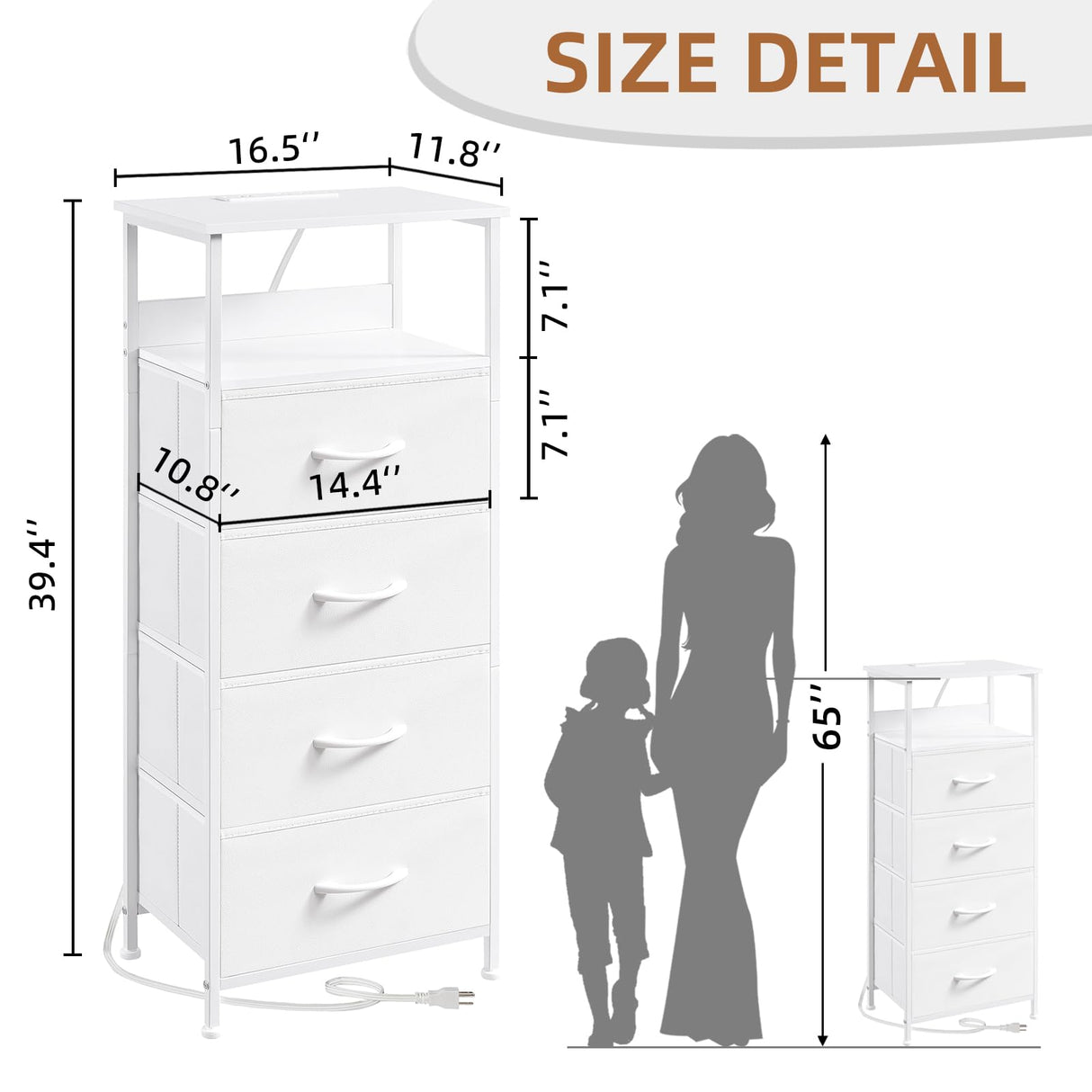 Somdot White Nightstand with Charging Station and LED Light for Bedroom, Tall 4 Drawers Dresser with Fabric Bins for Bedside Kids Dorm Room Closet Laundry Entryway, White Leather Somdot