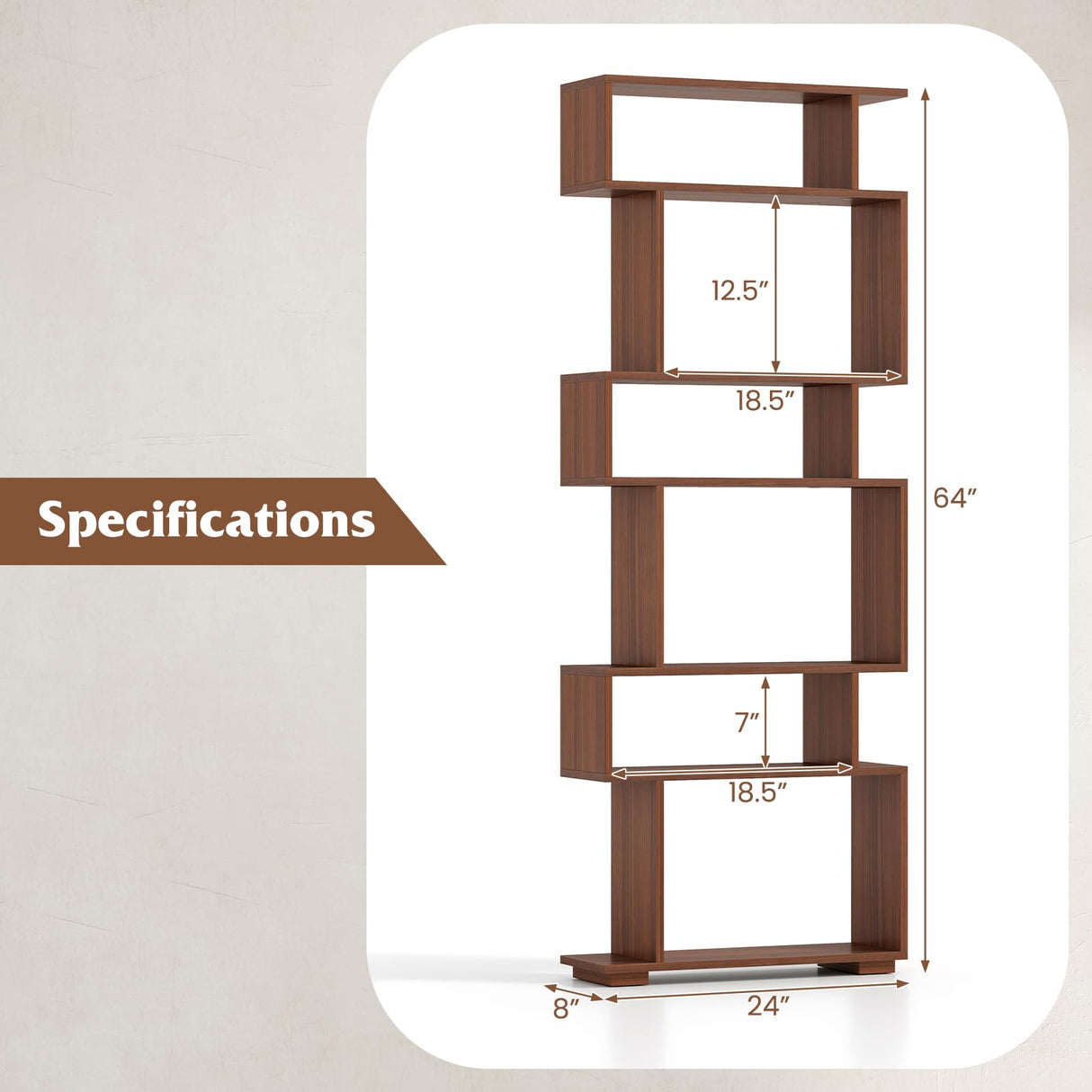 Tangkula 6-Tier S-Shaped Bookshelf, 64" Freestanding Geometric Bookcase, Home Office Wood Storage Shelf with Anti-Toppling Device, Room Divider Display Rack for Study, Living Room (1, Walnut) Tangkula