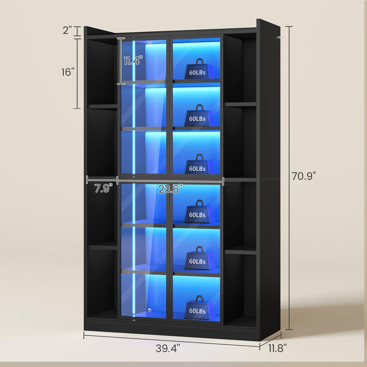 SEDETA 71" Display Cabinet with Acrylic Glass Doors, 6 Tier Display Cases for Collectibles, Curio Cabinet with LED Lights, Tall Bookcase with Adjustable Shelves, Black SEDETA