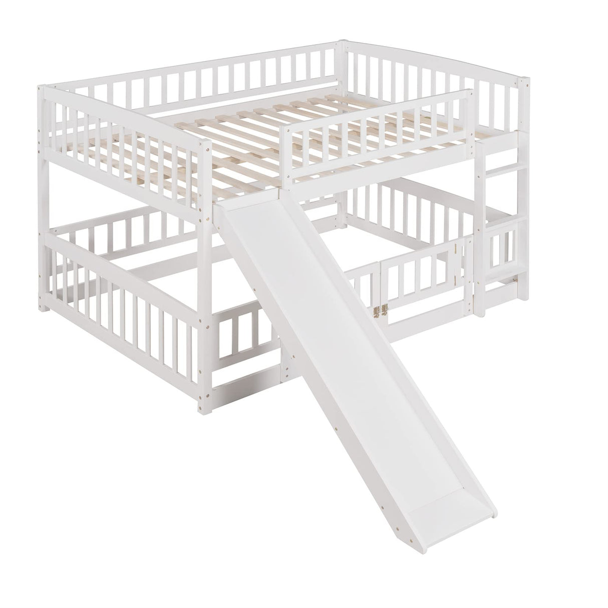 Bellemave Full Over Full Low Bunk Bed with Slide and Fence Railings Wood Floor Bunk Beds with Ladder for Toddler Kids Boys Girls Teens, White Bellemave
