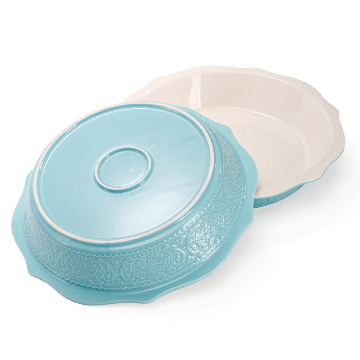 SOUJOY 2 Pack 11 Inch Pie Pan, Ceramic Embossment Baking Dish, Non-Stick Pie Plate with Soft Wave Edge, Deep Pie Dish or Tart, Pizza, Apple Pie, Quiche, Pot Pies, Cake SOUJOY