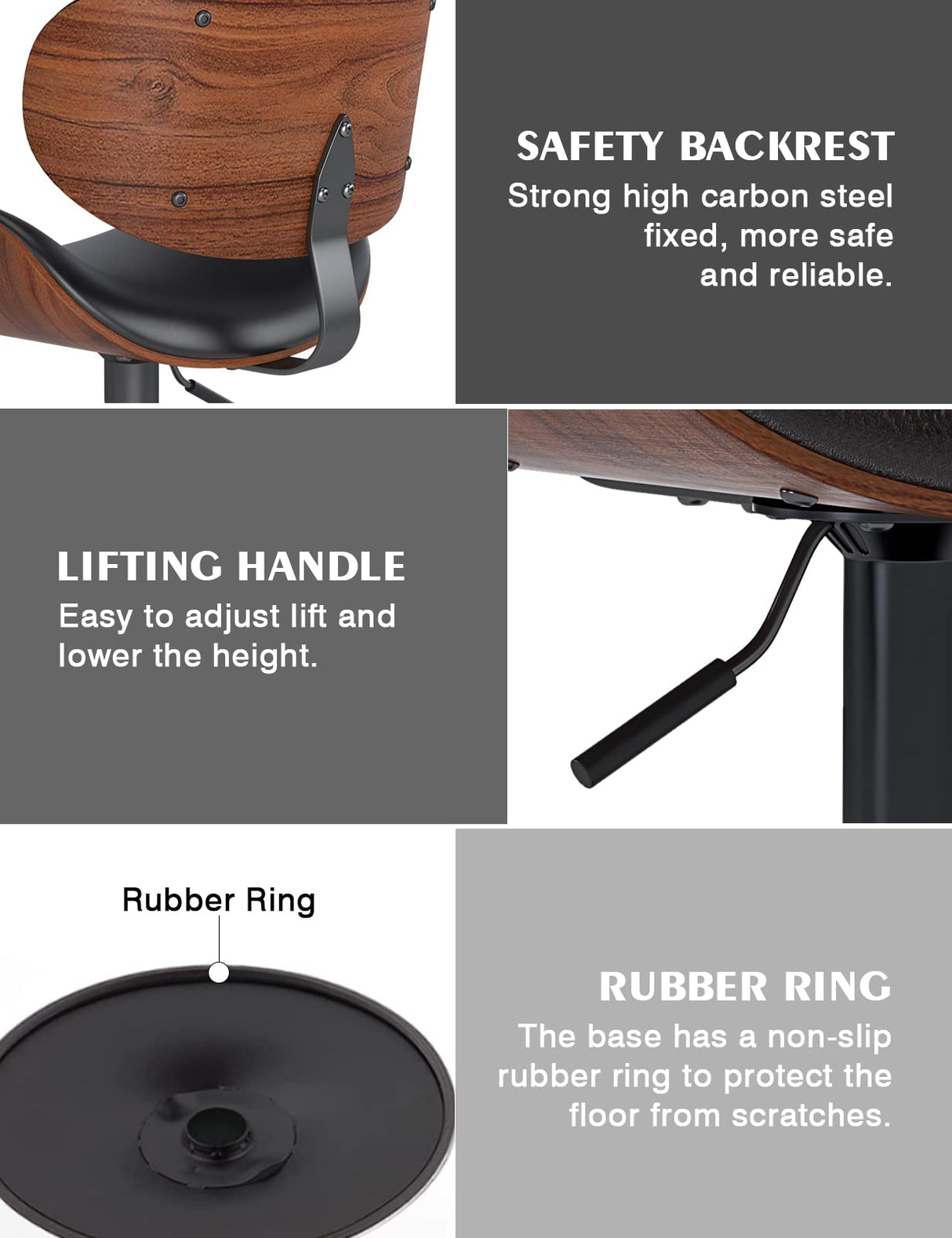 YaFiti Swivel Bar Stools Set of 2 for Kitchen Counter, Adjustable Bentwood Barstools, Modern PU Leather Upholstered Bar Chair with Back and Footrest, for Bar, Kitchen, Dining Room, Black YaFiti