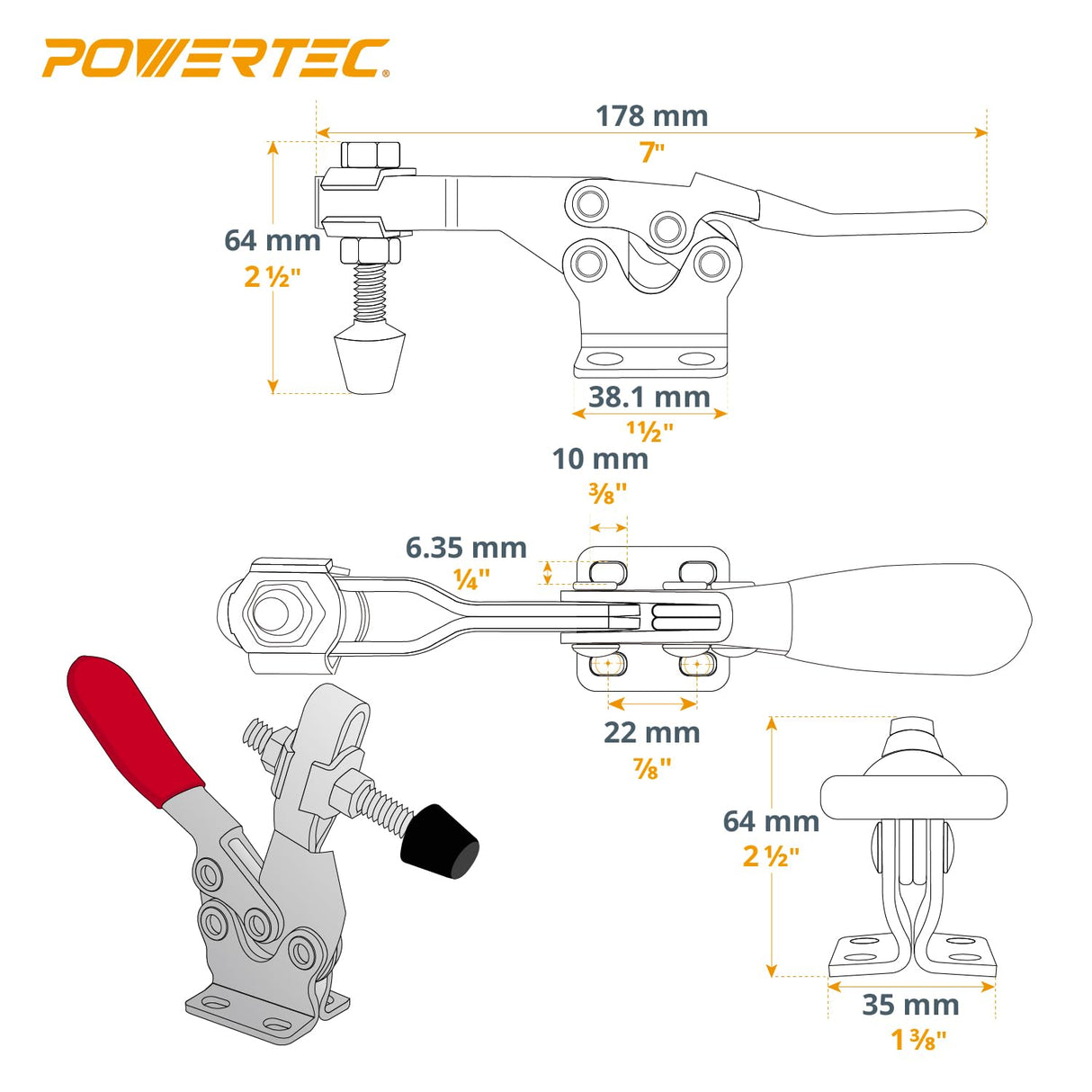 POWERTEC 4PK Toggle Clamp, 500 lbs Holding Capacity, 225D Quick Release Horizontal Clamps w/ Antislip Rubber Pressure Tip for Woodworking Jigs and Fixtures, Welding, Drill Press, Crosscut Sled (20326) POWERTEC