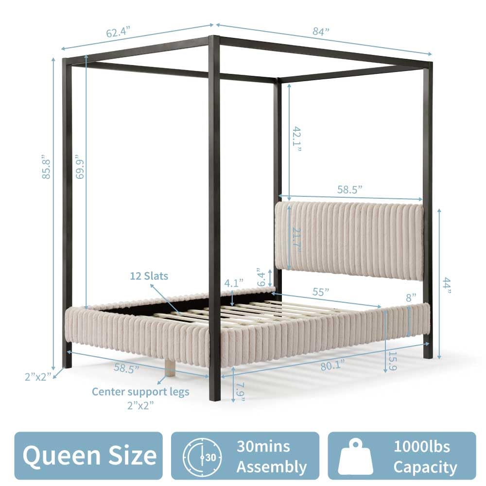 Evadne Modern Canopy Bed Frame Queen Size in Light Brown with Upholstered Channel Headboard and Wooden Slats Support HOMES: Inside + Out