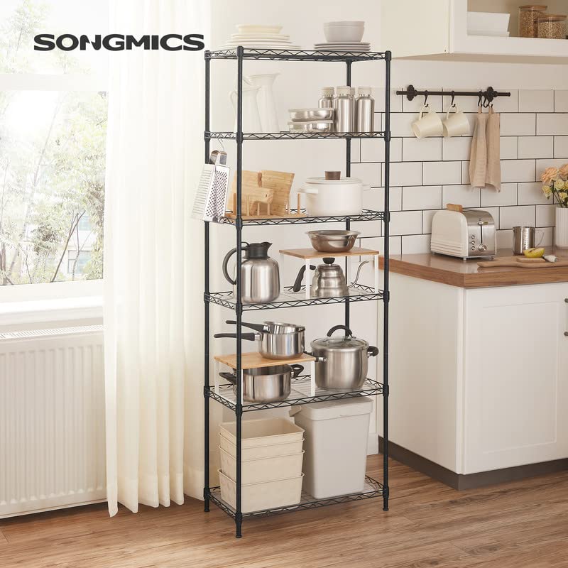 SONGMICS 6-Tier Storage Shelves, Wire Shelving Unit, Kitchen Metal Shelves, Storage Rack with Adjustable Shelves, Shelf Liners, 8 Hooks, for Garage, 11.4 x 23.2 x 63 Inches, Black ULGR066B01 SONGMICS