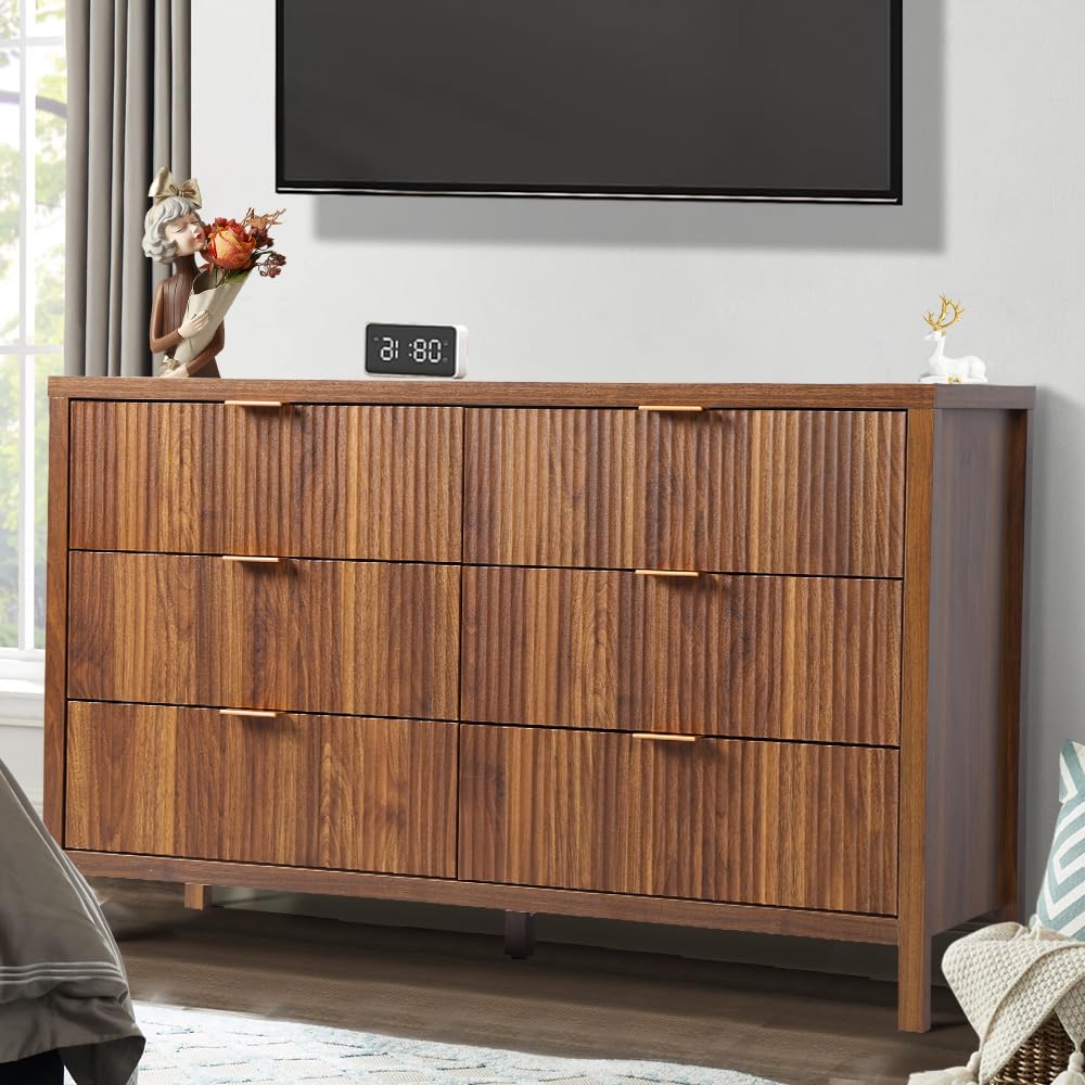 affeivul Mid Century Modern Dresser TV Stand, 6 Drawer Dresser for Bedroom Wood, Farmhouse Boho Storage Cabinet Side Table with Solid Natural Wood Legs, Long Wooden Dresser for Closet (Walnut) affeivul