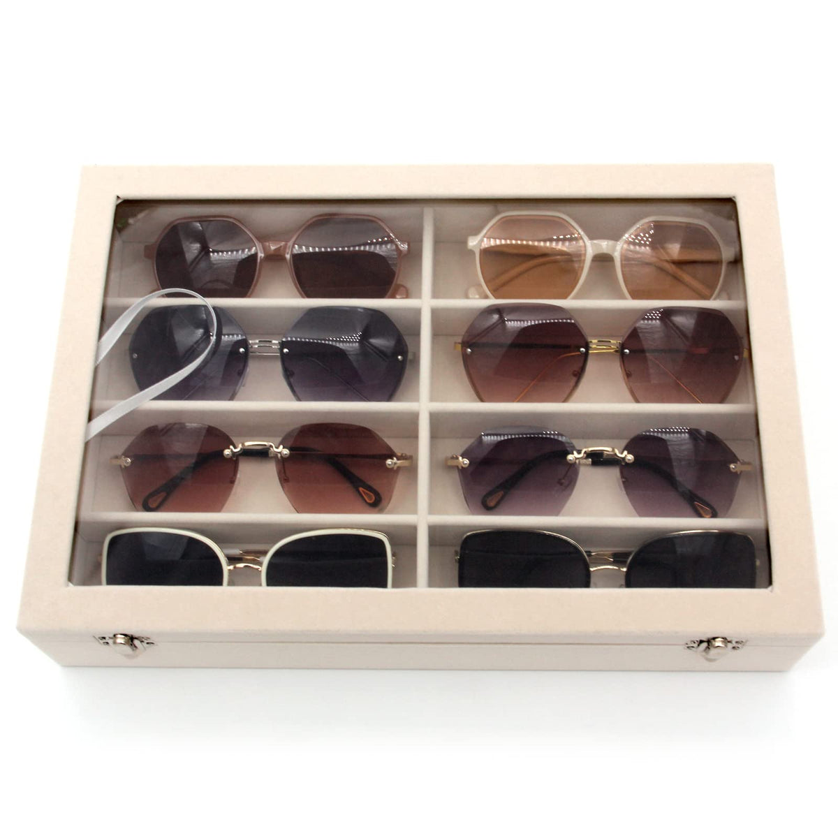 KLOUD City Luxury Sunglasses Organizer - 8 Slot Velvet Jewelry Storage Case with Clear Glass Lid | Dustproof, Scratch-Resistant Display for Glasses & Watches | Elegant Gift Box (14"x9.5") KLOUD City