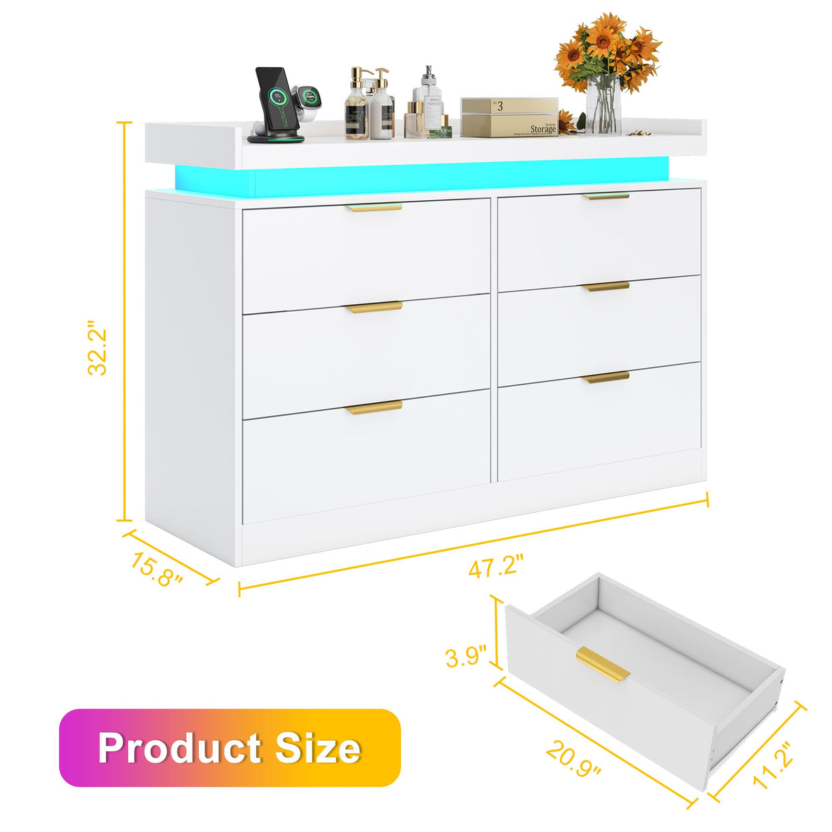 6 Drawer Dresser for Bedroom, White Dresser with LED Lights and Power Outlet, Modern Chest of Drawers for Closet, Double Wide Drawer Organizer Cabinet for Bedroom, Living Room, Entryway, Hallway knoworld