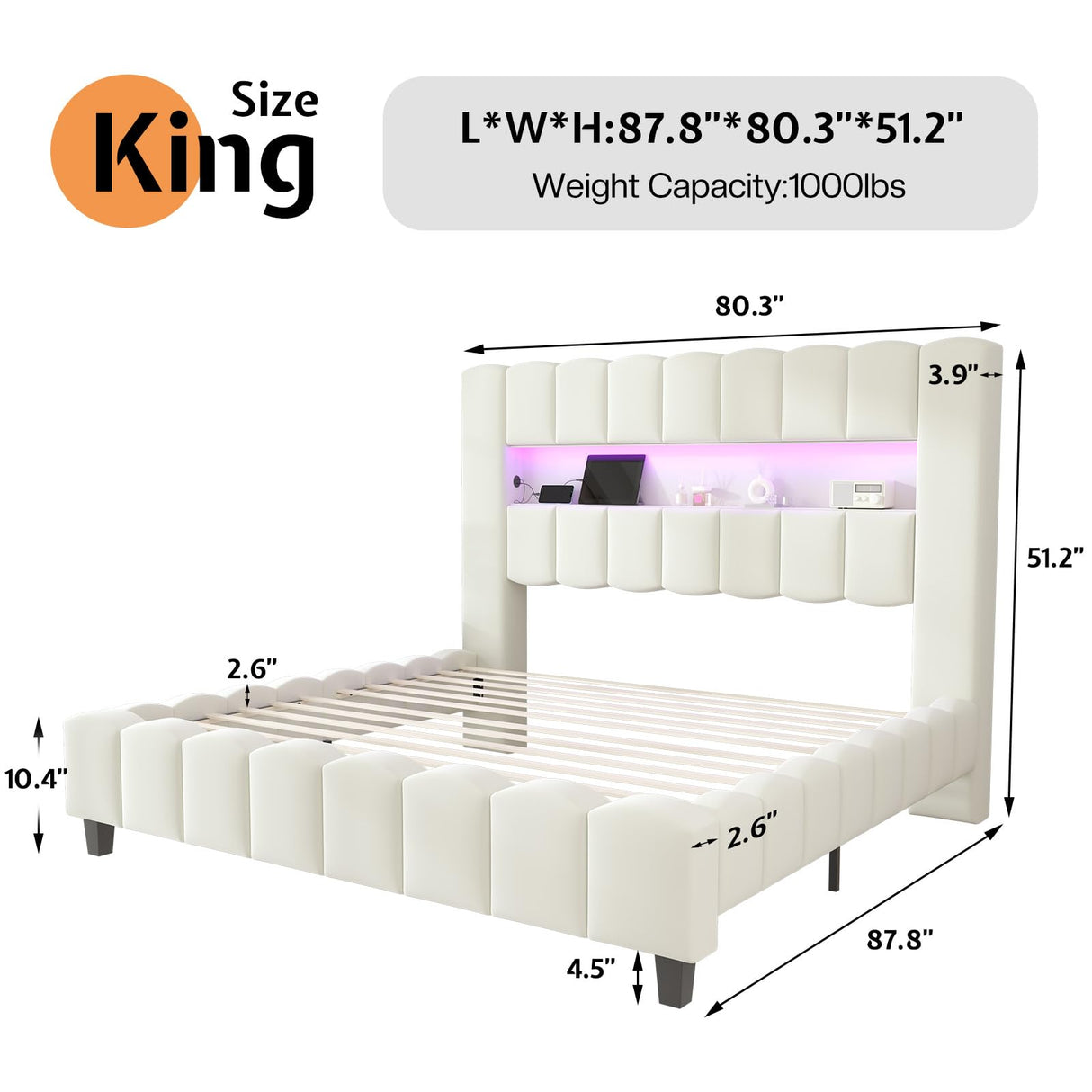 Jocisland King Bed Frame with 51.2" Tall Headboard, LED Lights & Charging Station, Velvet Upholstered Platform, No Box Spring Required, Cream Jocisland