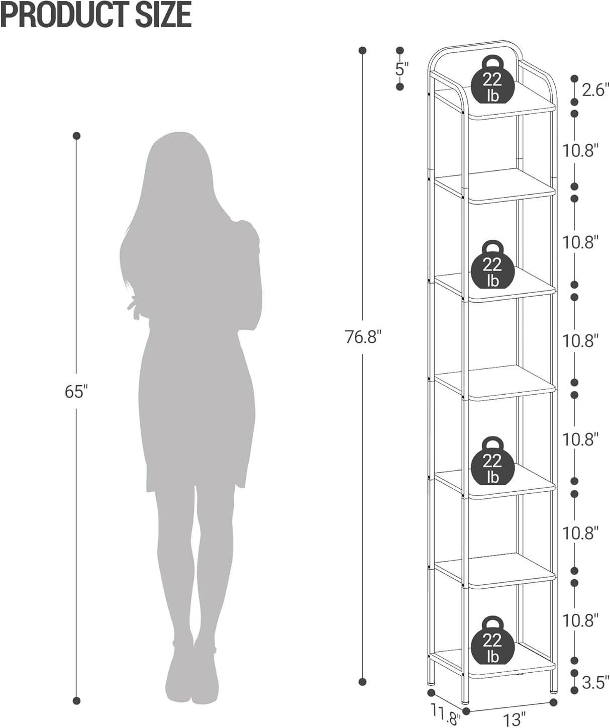 Hzuaneri Bookcase Bookshelf, Narrow Book Shelf, Industrial Corner Shelf Storage Organizer, Slim Shelving Unit for Home Office, Living Room, Bedroom, Kitchen, 7-Tier Rustic Brown and Black BC24701B Hzuaneri