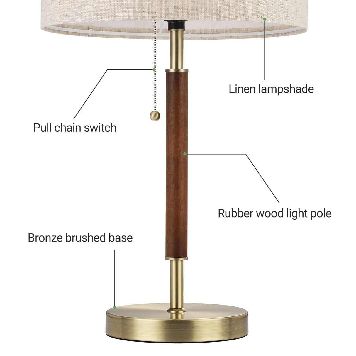 EDISHINE Mid Century Table Lamp, Bedside Lamp with Pull Chain Switch, Solid Wood & Metal Pole, Modern Nightstand Table Lamp for Living Room, Bedroom, Office, Frosted Bronze & Wood Finish EDISHINE