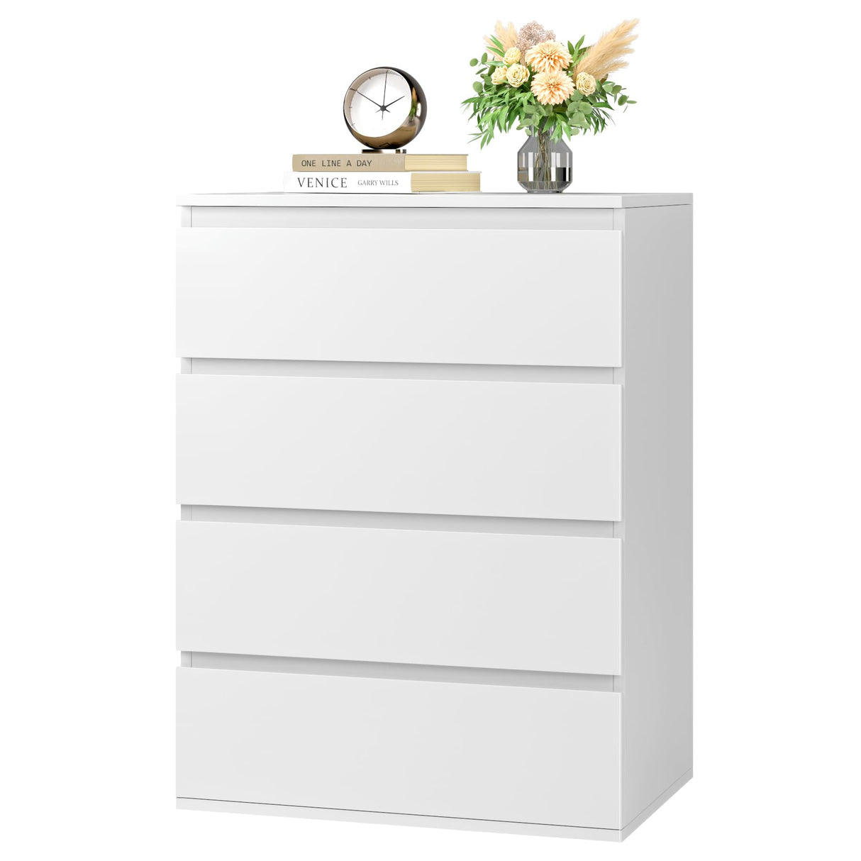 FOTOSOK 4 Drawer Dresser, White Dresser Modern Storage Chest of Drawers 23.6L x 15.7W x 31.5H in, White Dresser Storage Cabinet with 4 Drawers for Home Office, White FOTOSOK