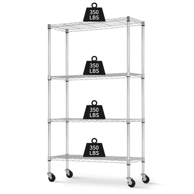 YRLLENSDAN Storage Shelves with Wheels, Heavy Duty 4 Tier Garage Storage Rack, Adjustable Wire Shelving Unit, Metal Shelf Organizer for Pantry, Kitchen, Basement, 36" W x 14" D x 62" H, Chrome