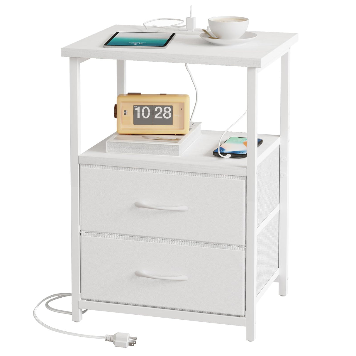 Fixwal White Night Stand with Charging Station, Bedroom Nightstand with Fabric Drawers, Bedside Table with PU Finish Fixwal