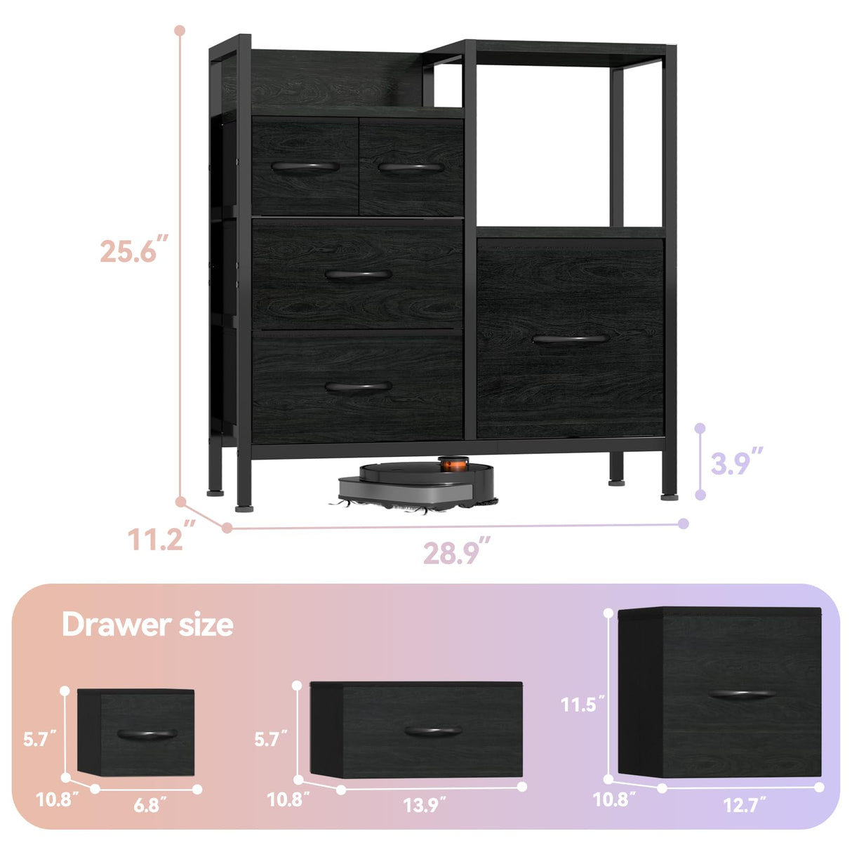 Furnulem Dresser for Bedroom Organization Fabric Dresser Units with 5 Storage Drawers Sturdy 2 Tier Shelf Large Space Dresser Bedroom Dresser for Hallway Entryway Dorm Black Furnulem