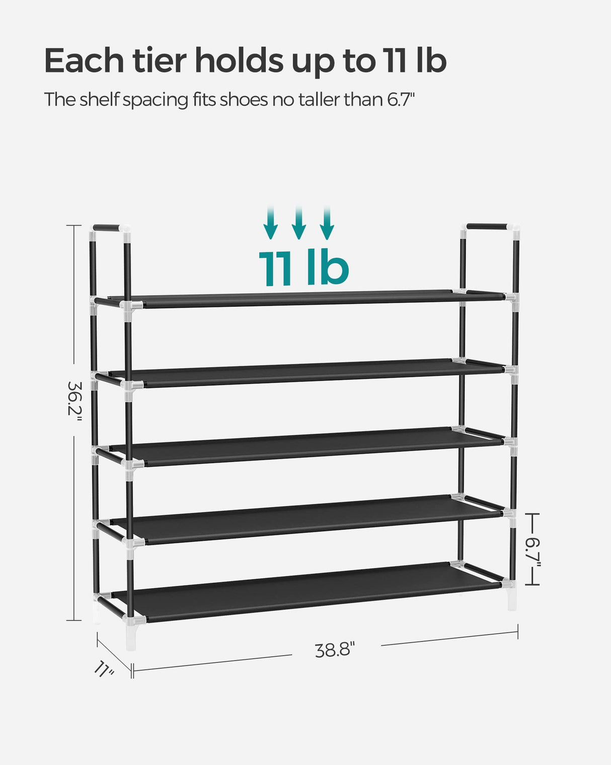 SONGMICS 5-Tier Shoe Rack, Shoe Storage for Hallway Closet, Slim and Space-Saving, Metal Frame, Non-Woven Fabric Shelves, Black ULSH55H SONGMICS