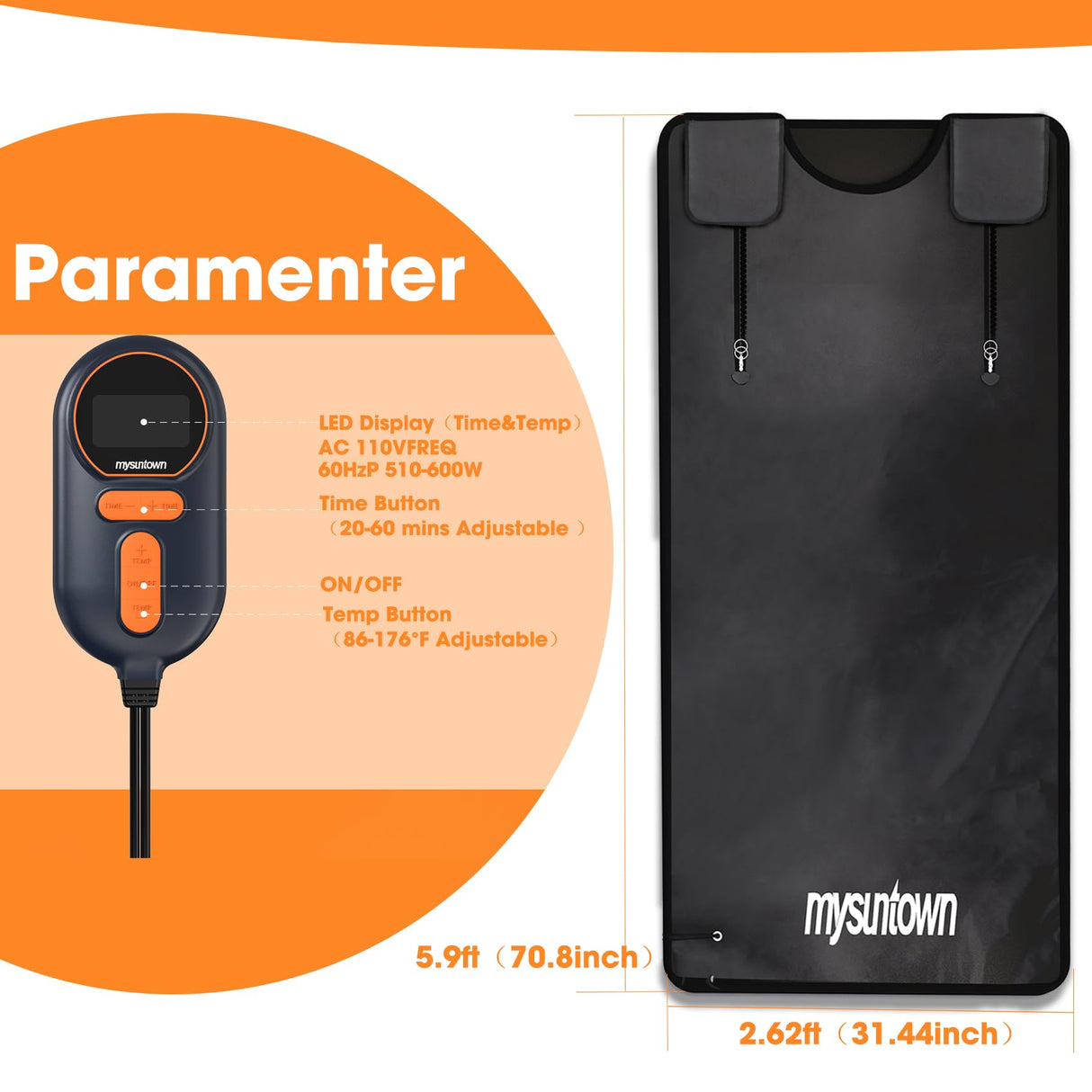 Infrared Sauna Blanket,Portable Sauna Blanket at Home for Body Health and Detoxification,Sauna Blanket for Home Use with Red Light Therapy, Low EMF , 86-176℉, 20-60 Minutes Timer, 5.9ft x 2.62ft mysuntown