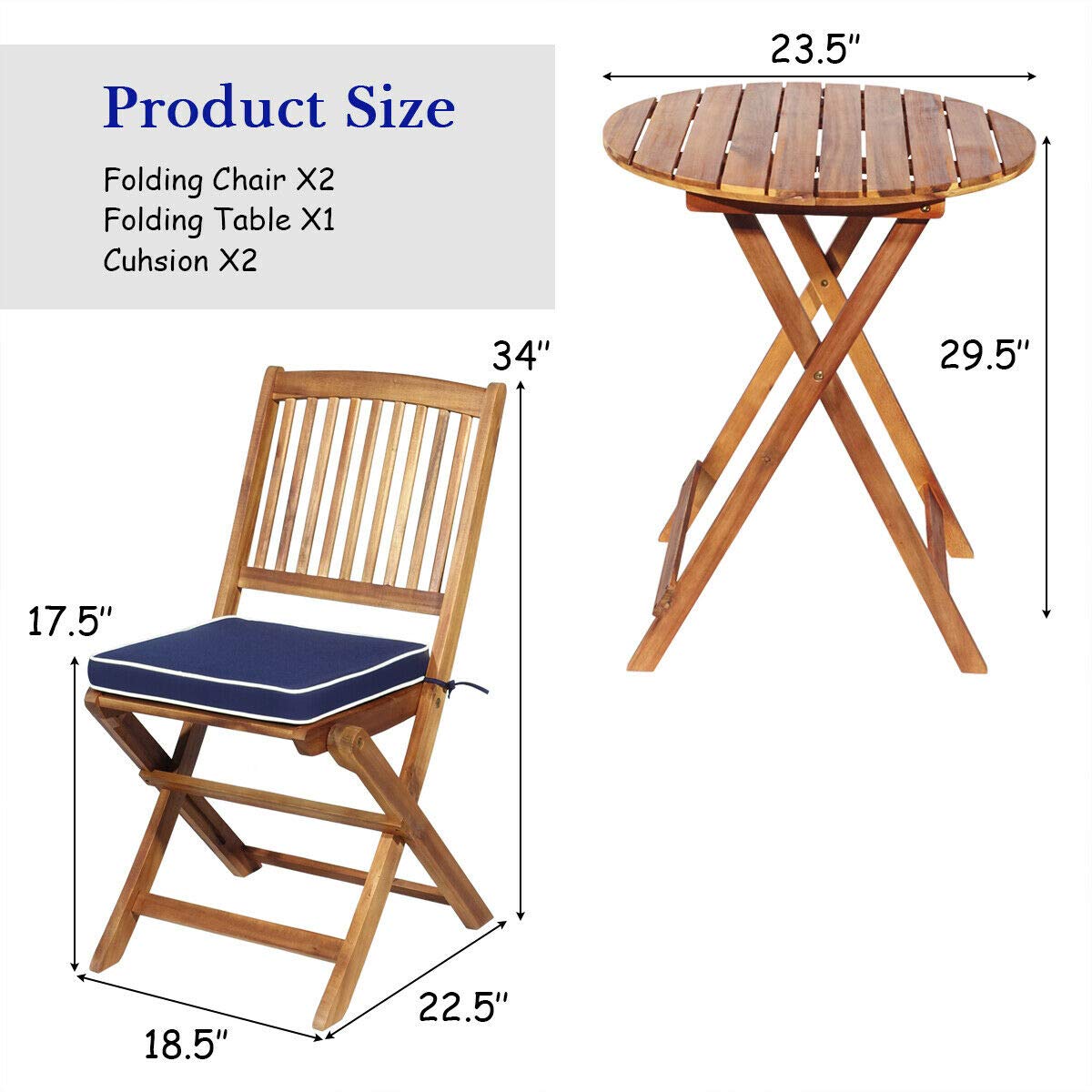 Tangkula 3 PCS Patio Folding Bistro Set, Outdoor Acacia Wood Chair and Table Set w/Padded Cushion& Round Coffee Table, Ideal for Indoor Patio Poolside Garden (Navy Blue) Tangkula