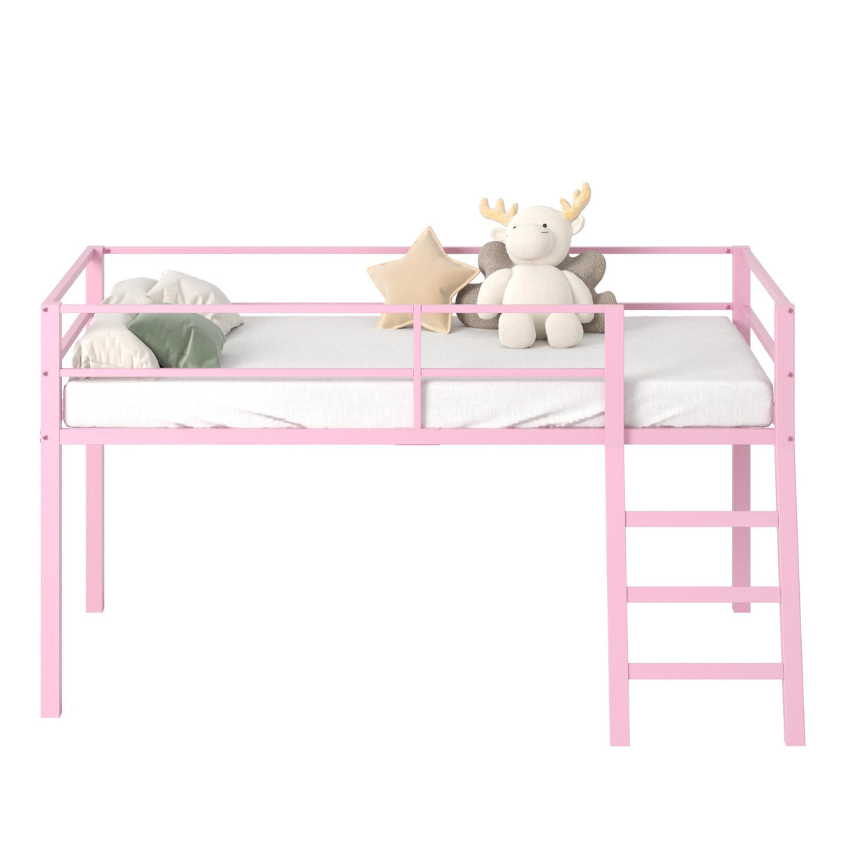Lutown-Teen Metal Loft Bed with Stairs and Guardrail for Juniors, Space Saving Loft Bed Twin Size for Small Bedroom, Pink Lutown-Teen