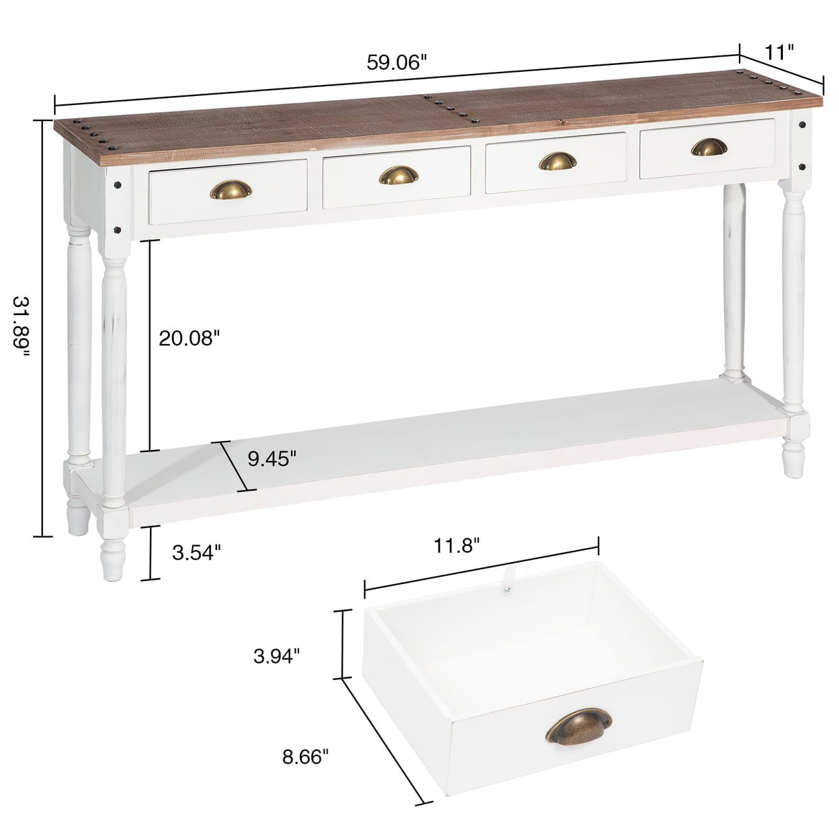 Wnutrees Farmhouse Console Table with 4 Drawers, 60" Long Narrow Boho Sofa Foyer Table with Large Storage Space, Solid Wood Frame and Legs for Entryway, Hallway, Living Room, White Wnutrees