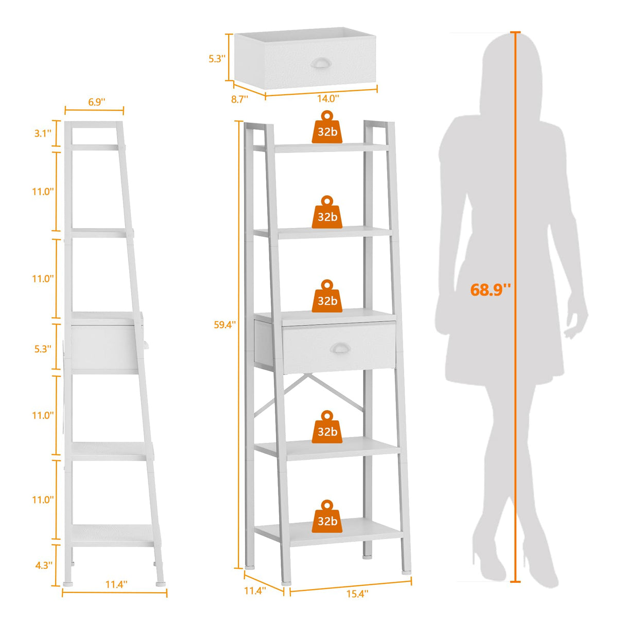 Furologee 5 Tier Bookshelf, Ladder Shelf with Drawer, Tall and Narrow Bookcase, Storage Shelves Organizer,Industrial Display Standing Units for Bathroom,Kitchen,Bedroom,Living Room,White Furologee