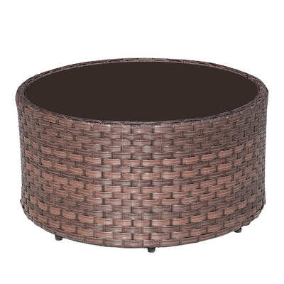 SUNSITT Round Outdoor Coffee Table with Tempered Glass Top, Rattan PE Resin Wicker Patio Side Table, Brown
