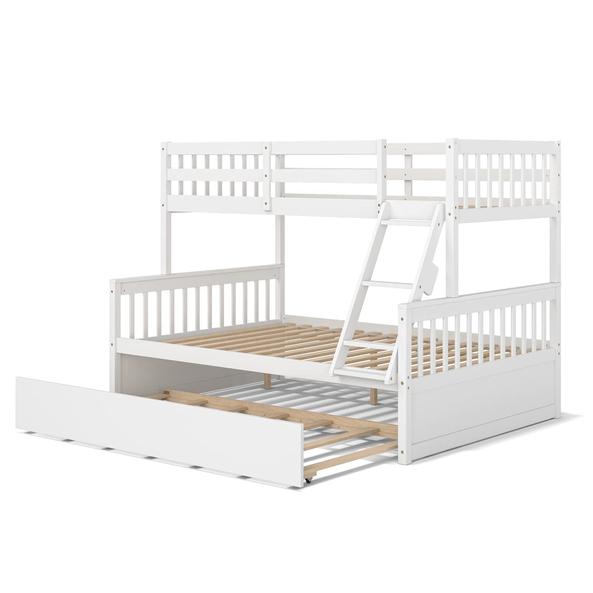 KOMFOTT Solid Pine Wood Twin Over Full Bunk Bed with Trundle and Safety Guardrails KOMFOTT