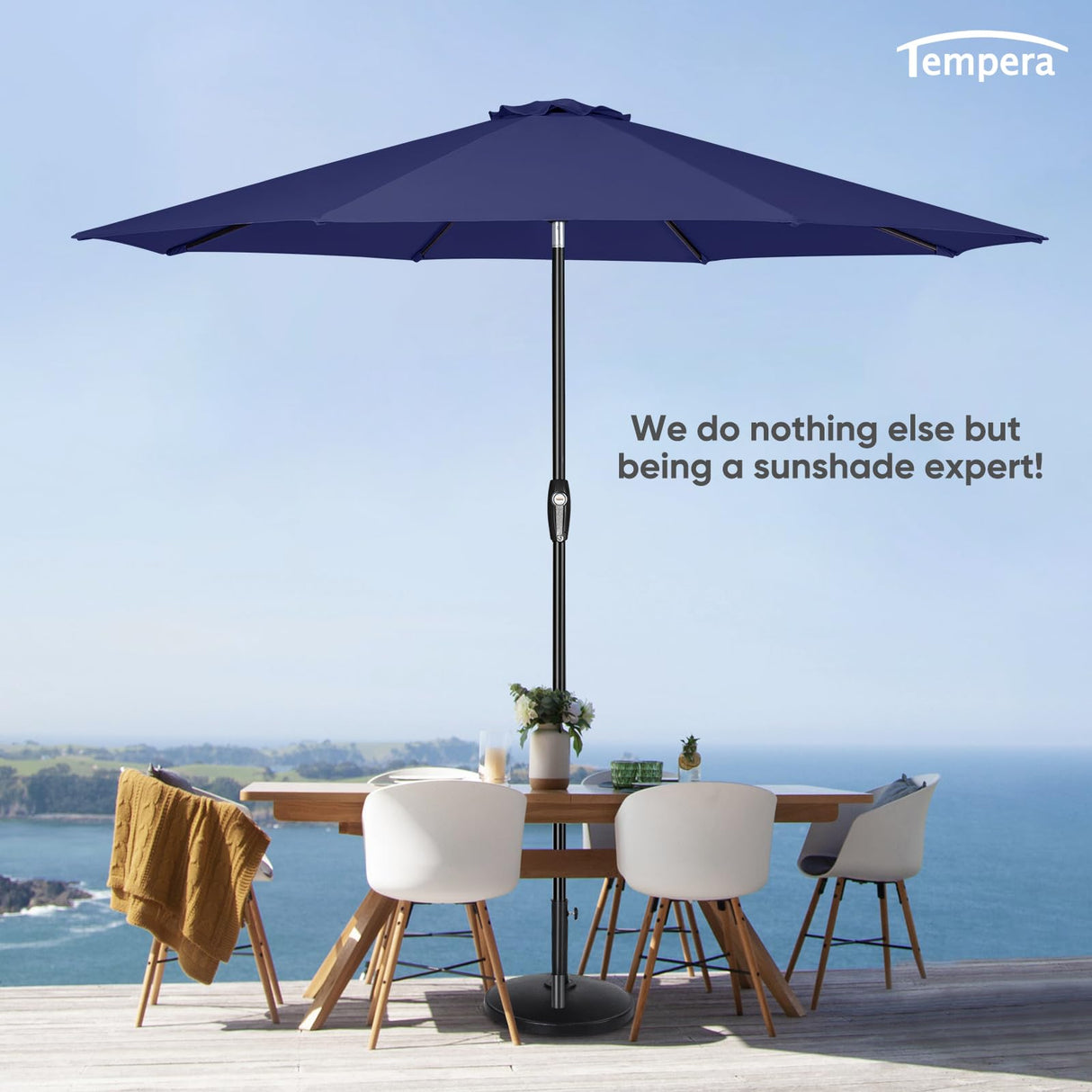 Tempera 10FT Patio Market Outdoor Table Umbrella with Auto Tilt and Crank,Large Sun Umbrella with Sturdy Pole&Fade resistant canopy,Easy to set, NAVY Tempera