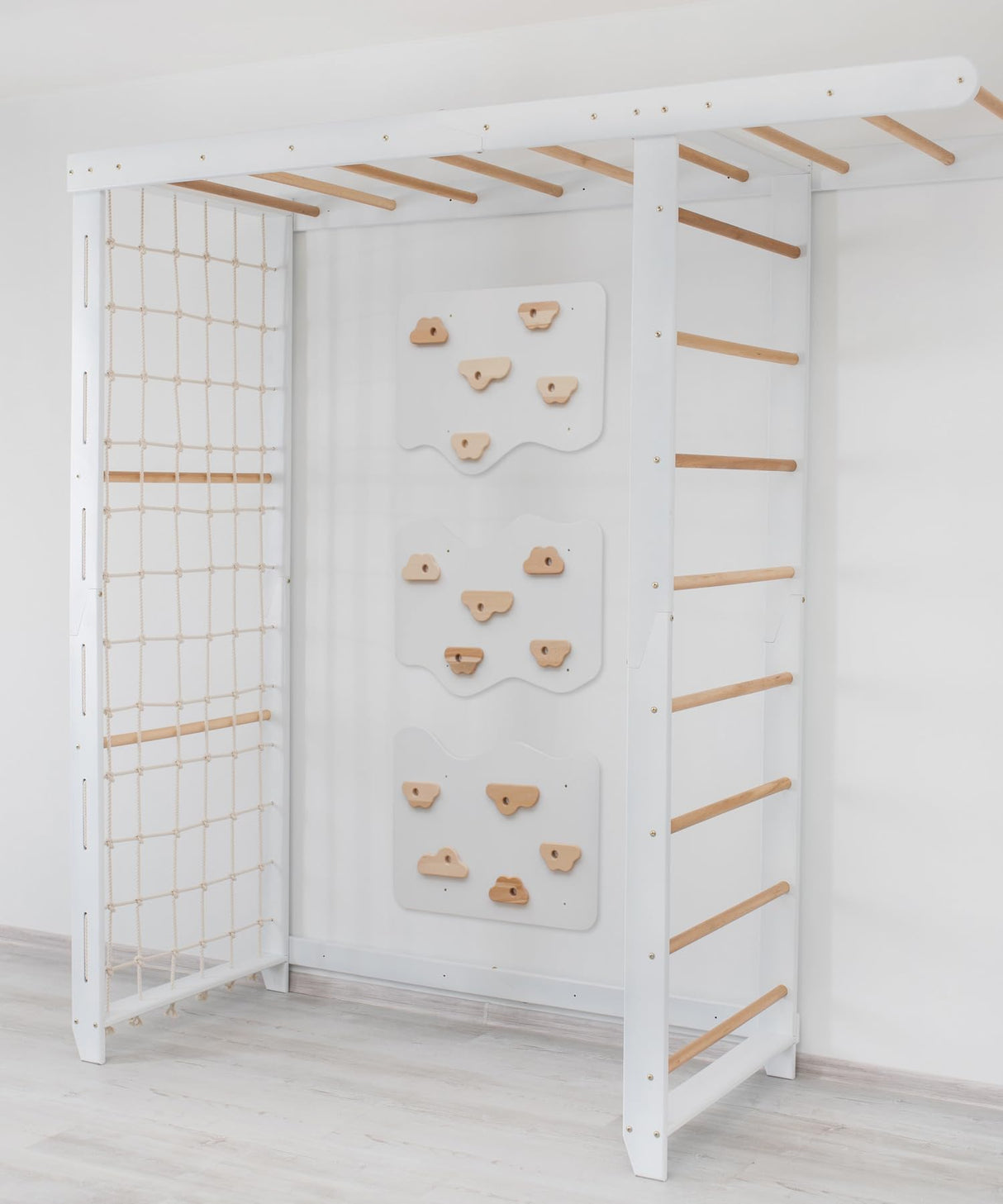 Woodandhearts Swedish Ladder Indoor Kids Gym, Montessori Play Gym Climbing Set, Wooden Indoor Playground for Toddlers with Accessories (with 3 Wall Panels, Big Bridge) Wood And Hearts