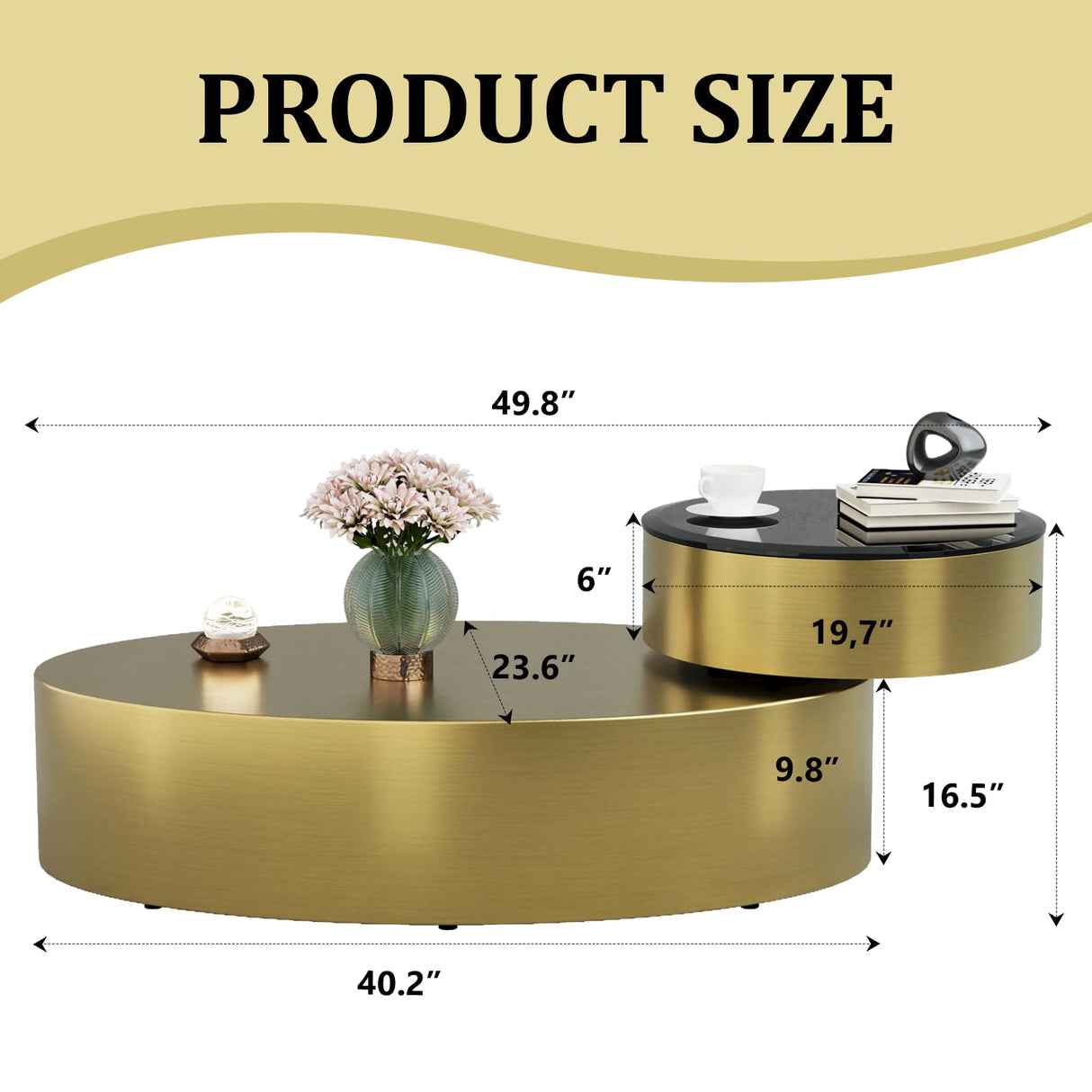 jajaplus Oval Rotating Coffee Table with Tempered Glass Top, 2-Tier Design & 360° Swivel Base, Brushed Gold Finish - Modern Center Table for Living Room, Office, Apartment jajaplus