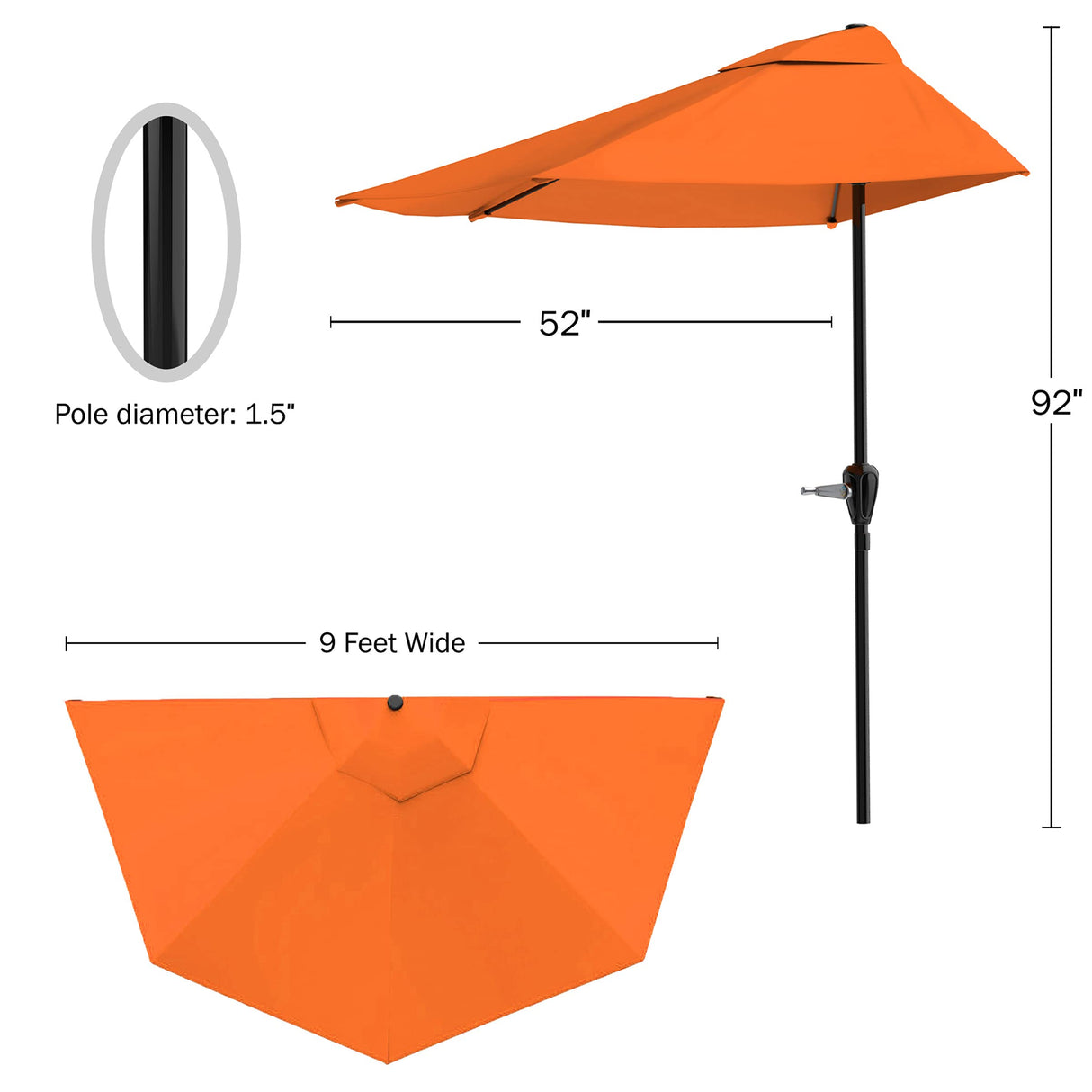 Pure Garden Half Round Patio Umbrella with Easy Crank – Compact 9ft Semicircle Outdoor Shade Canopy for Balcony, Porch, or Deck (Terracotta) Pure Garden