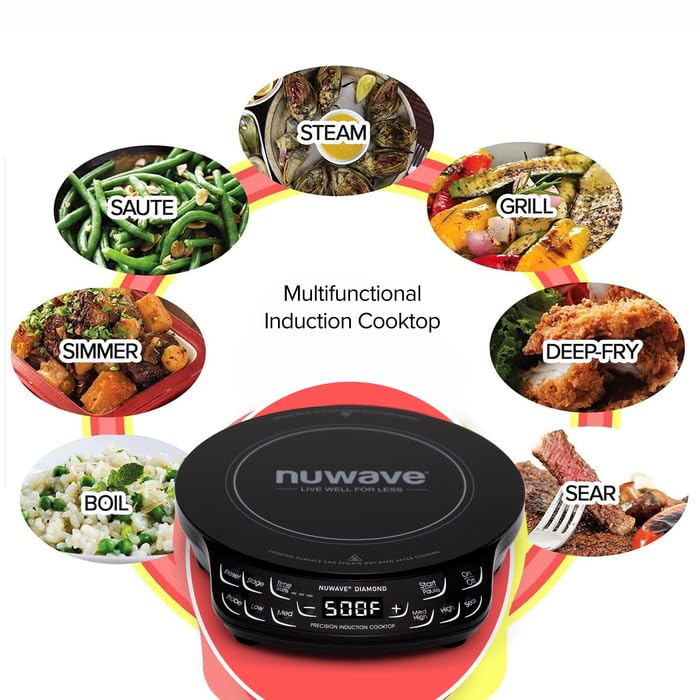 Nuwave Diamond Induction Cooktop, New & Improved Electric Burner with Probe, 91 Temps 50°F to 500°F, 6.5” Heating Coil, Shatter-Proof Ceramic Glass, 3 Wattage Settings, Ideal for Dorms, RVs & Apts Nuwave