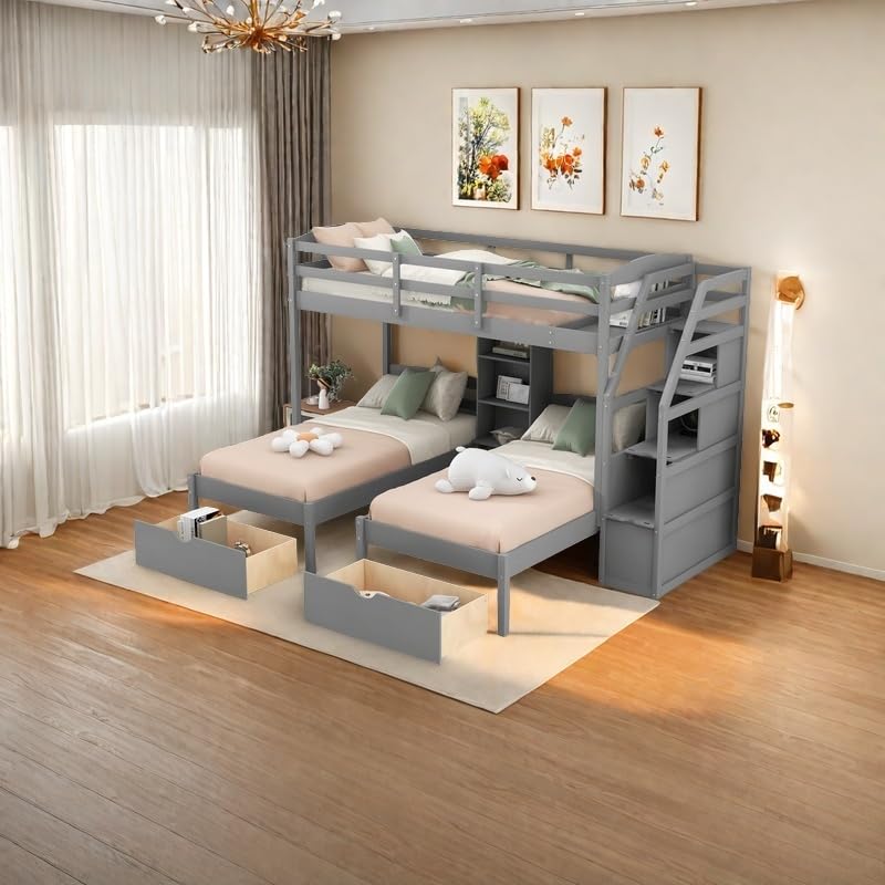 SOFTSEA Wooden Triple Bunk Beds with Stairs & Storage Drawers,Twin Over Twin&Twin Bunk Bed for 3, Triple Bunk Bed Twin for Kids, Gray SOFTSEA