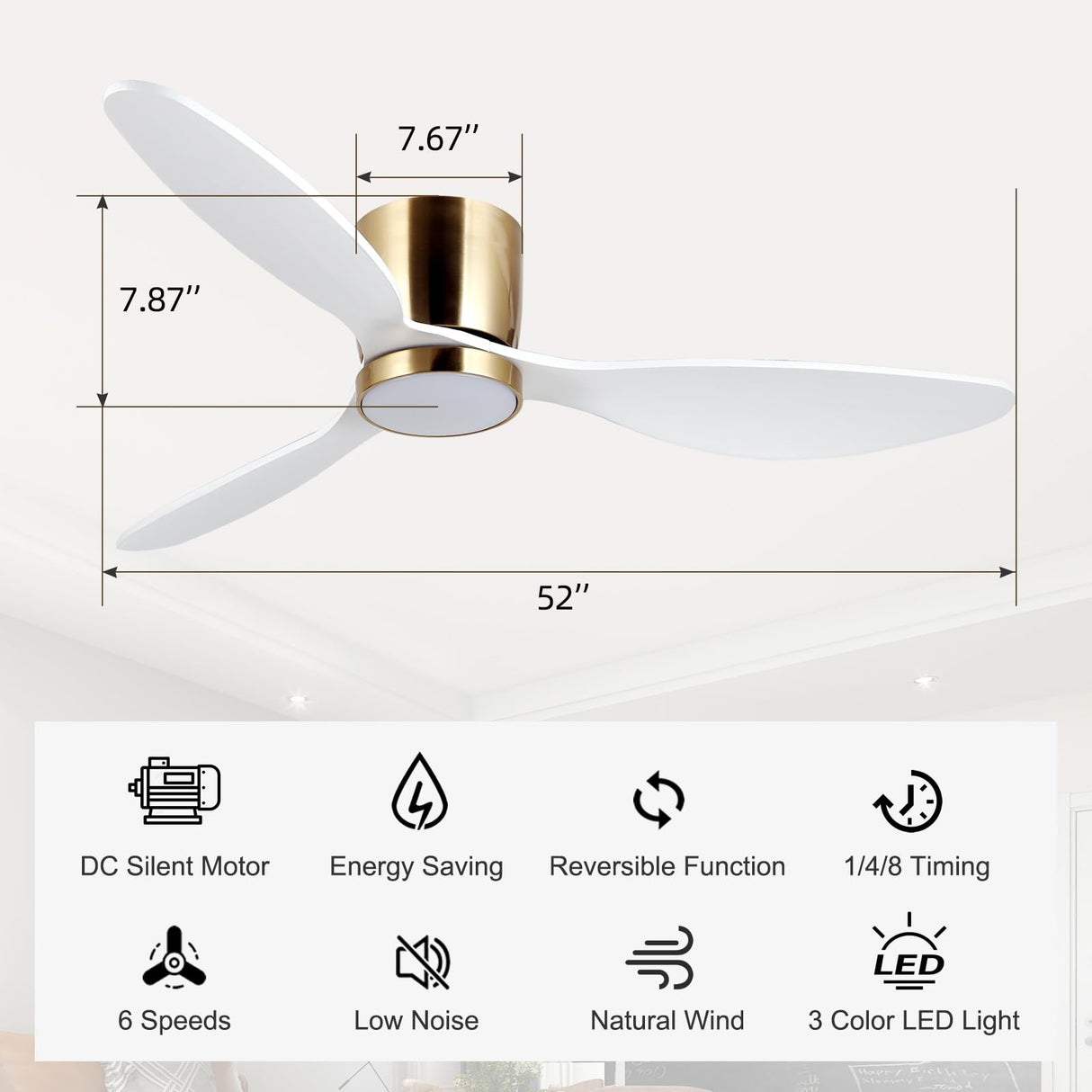 reiga 52 Inch Flush Mount White Ceiling Fan with Light Remote Control, Quiet DC Motor Low Profile 3 Wood Blade Modern Ceiling Fans for Patio Kitchen Living Room Bedroom reiga