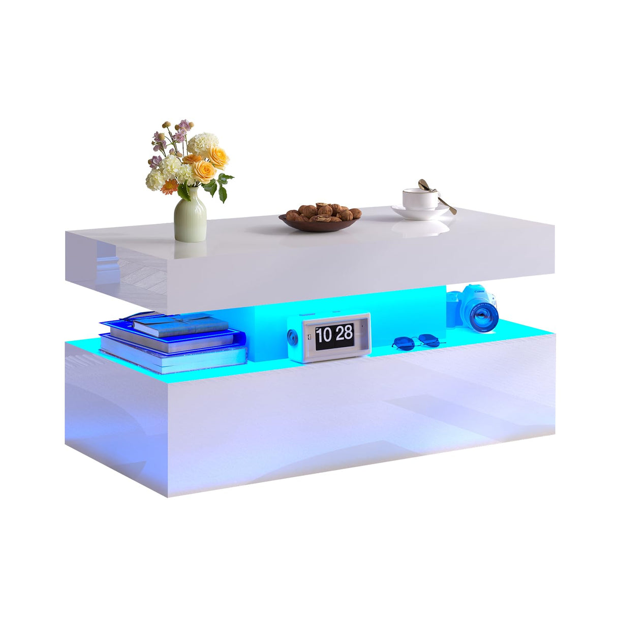 LUXOAK Coffee Table with LED Light, Modern High Gloss Finish Center Table with 2-Tier Storage Space, Minimalist Coffee Table for Living Room, Office, White LUXOAK