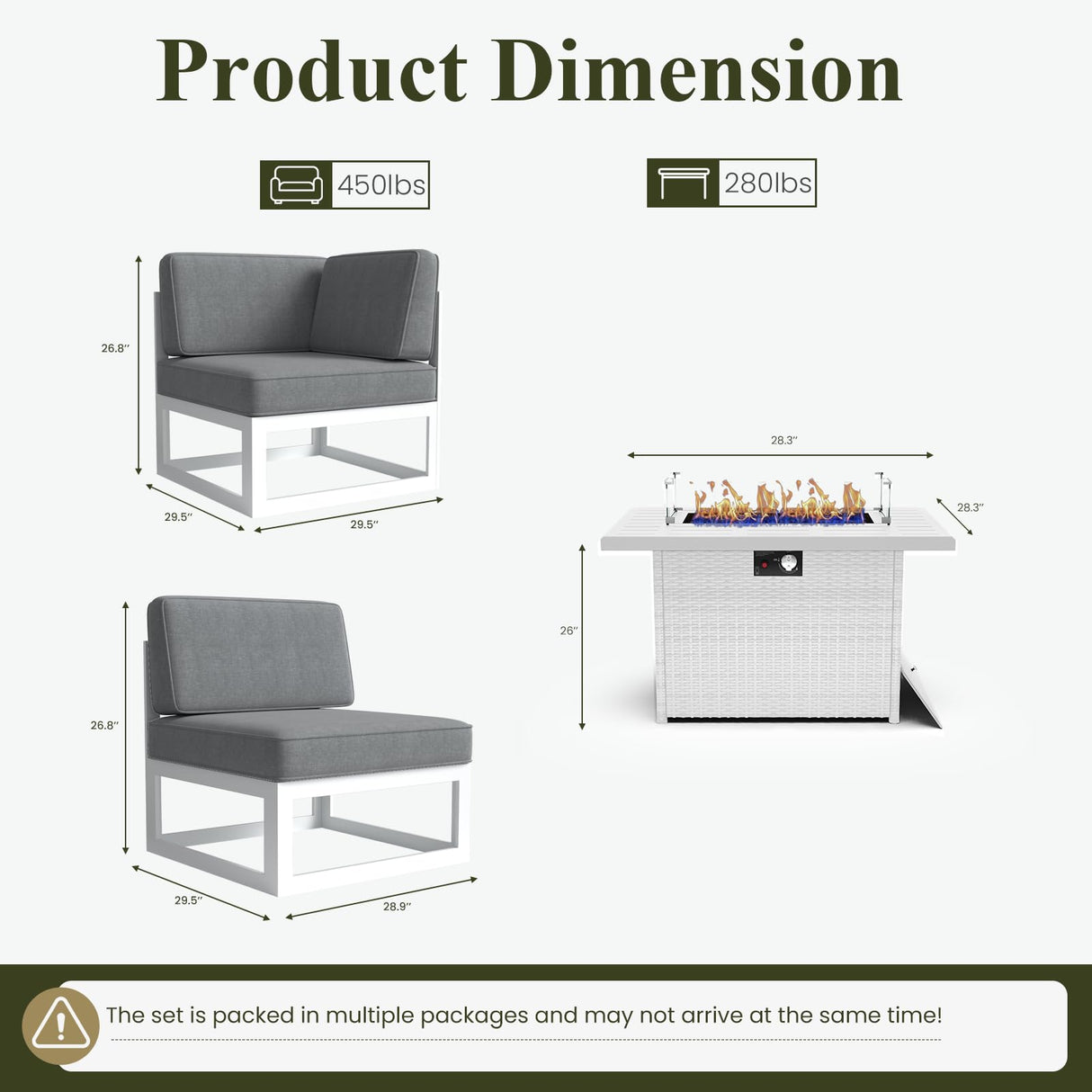 LayinSun 9 Pieces Modern Aluminum Patio Furniture Set with Fire Table, Outdoor Modular Sectional Conversation Set L-Shaped Sofa for Backyard LayinSun