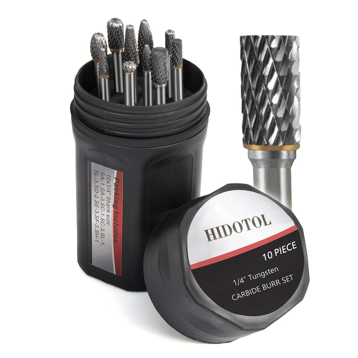 HIDOTOL Carbide Burr Set 1/4" Shank 10PC Tungsten Double Cut Carbide Rotary Burr Set for Metal and Wood Carving, Grinding, Polishing, Engraving, Drilling in Sturdy Round Case. HIDOTOL