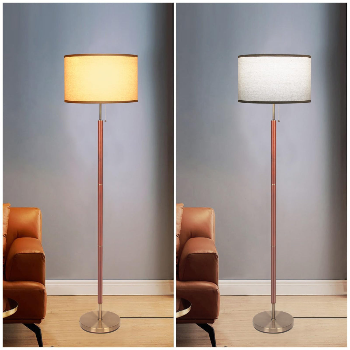 HonoDing Mid-Century Modern Floor Lamp, Walnut Wood Finish, Drum Shade, Living Room Décor (64in, E26 LED) HonoDing