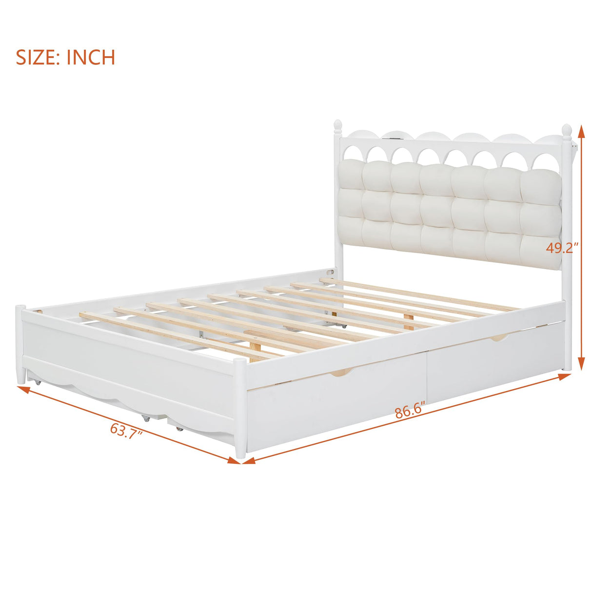 Bellemave Queen Bed Frame with Headboard & USB Ports, Queen Size Platform Bed with Twin XL Size Trundle, Queen Size Bed Frame with 2 Drawers, No Noise, No Box Spring Needed, Wood, White Bellemave