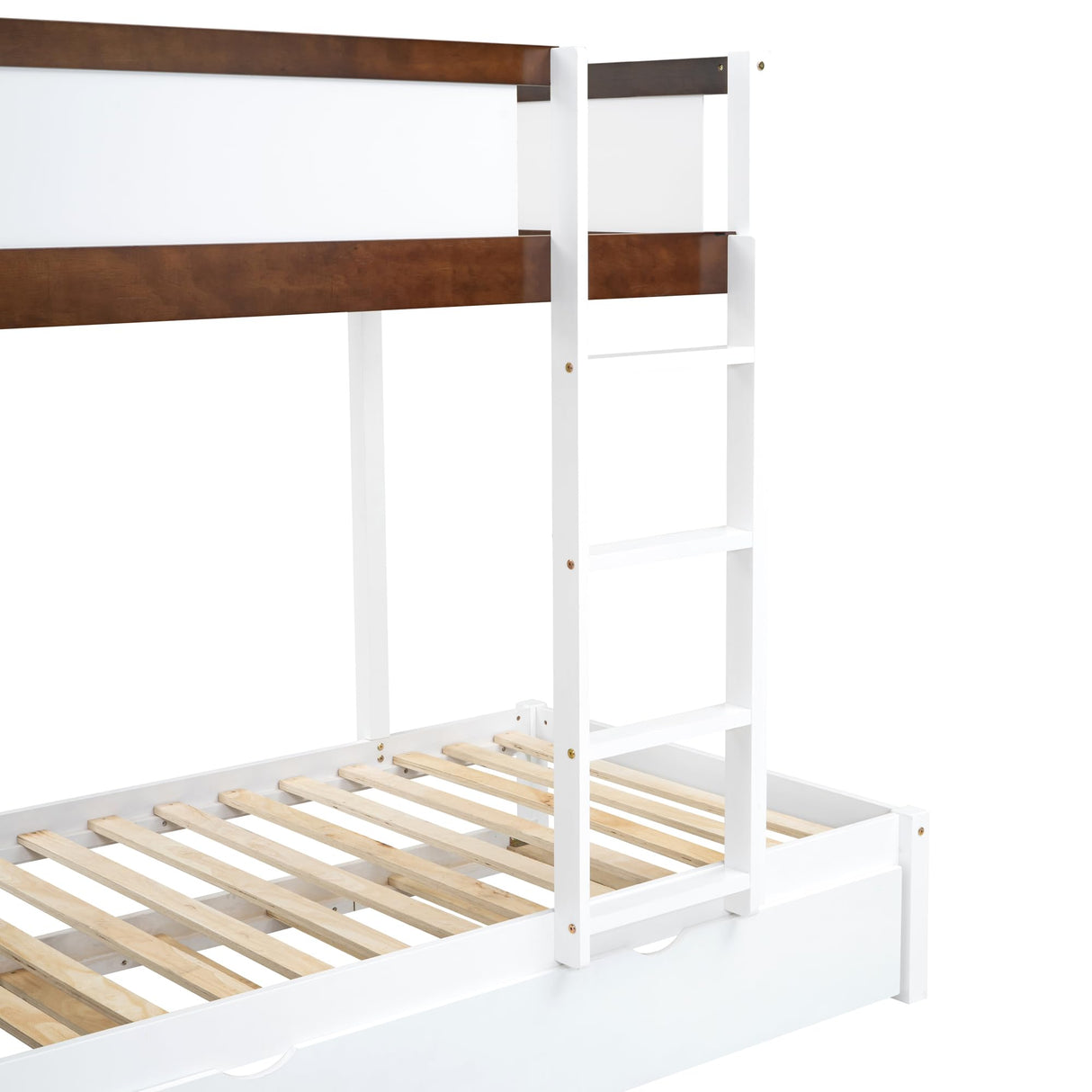 Linique Twin-Over-Twin Bunk Bed with Twin Size Trundle, Ladder & Full-Length Gurardrails, Writing Desk with USB Ports, 3-Hole Socket & 3 Drawers, White+Walnut Linique