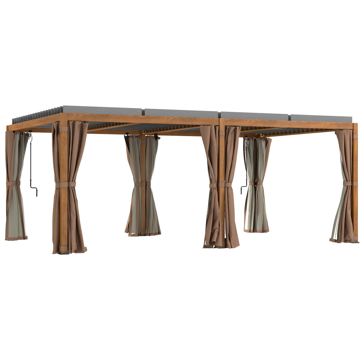 Outsunny 12' x 19' Louvered Pergola Hardtop Gazebo with Adjustable Aluminum Roof and Frame, Outdoor Pergola with Curtains and Netting, for Garden, Lawn, Backyard, and Deck, Wood-Like Outsunny