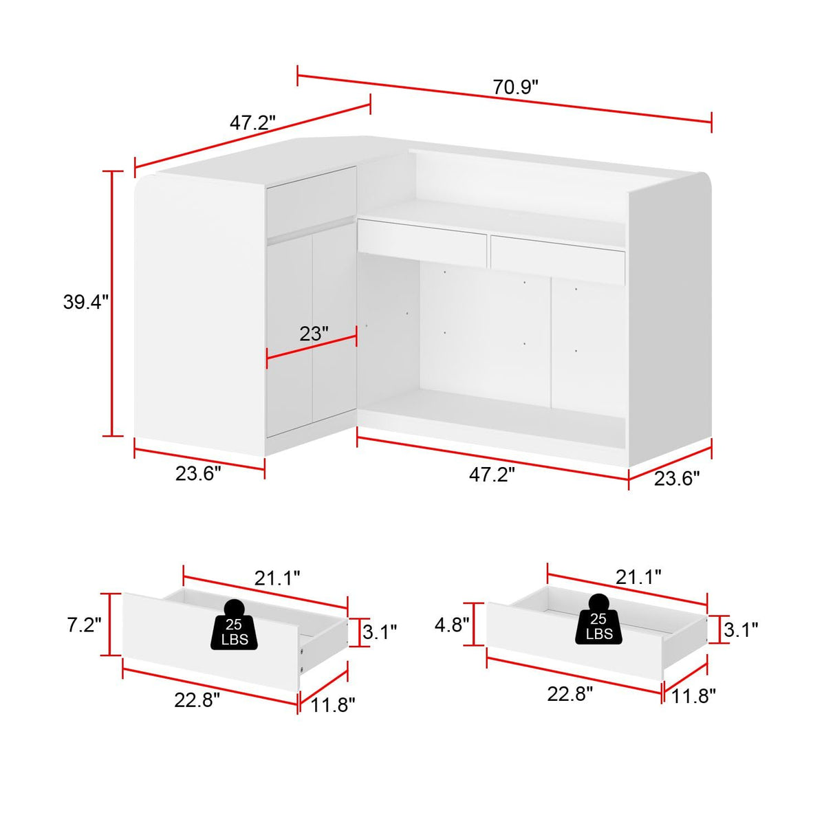 FAMAPY L-Shaped Reception Desk with 3 Drawers & Open Shelves, Retail Counter Front Desk Reception Counter with Cabinet, Countertop, for Shop Bar White 70.9”W x 47.2”D x 39.4”H FAMAPY