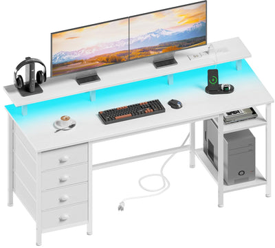 Furologee 61 Inch Desk with Power Outlets and LED Lights, Computer Desk with 4 Removable Drawers, White Office Desk with Long Monitor Stand, Large Gaming Desk with Shelves for Home Office/Bedroom