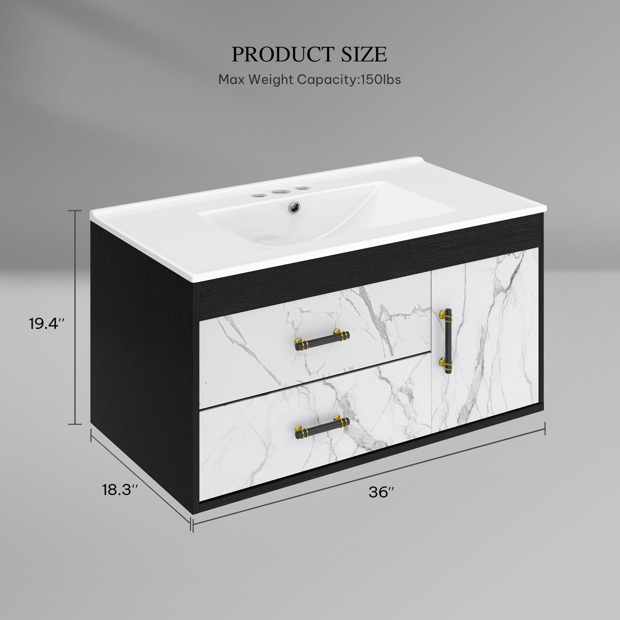 YITAHOME 36 Floating Vanity with Sink, Wall Mounted Bathroom Cabinet Vanity with Soft-Close System Cabinet, Marble Pattern, 2 Drawers & Pre-drilled Three Holes YITAHOME